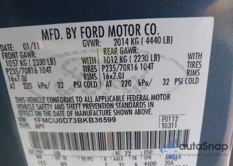 2011 Ford Escape Xlt z USA, uszkodzony, nr VIN 1FMCU0D73BKB36599